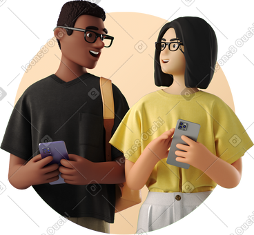 Smiling man and woman with phones PNG, SVG