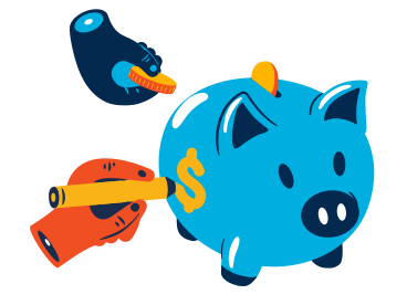Hands drawing a dollar sign on the piggy bank and putting coins in it в PNG, SVG