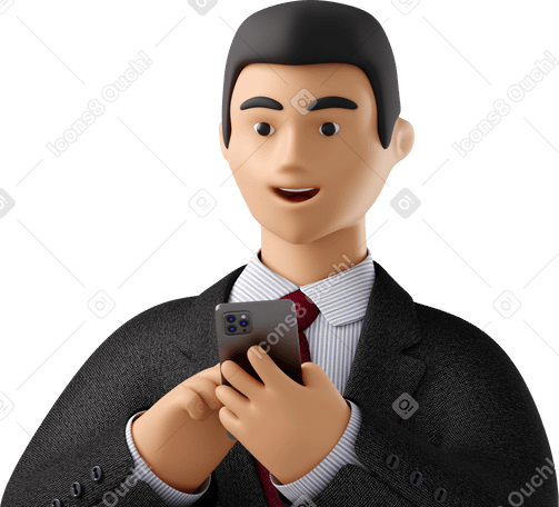 3D close up of businessman in black suit with phone looking aside Illustration in PNG, SVG