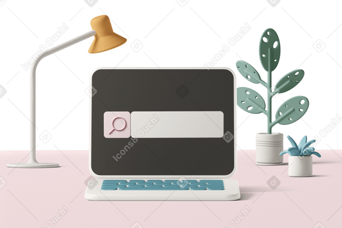 3D laptop screen showing search bar with desk lamp and plants in the back Illustration in PNG, SVG