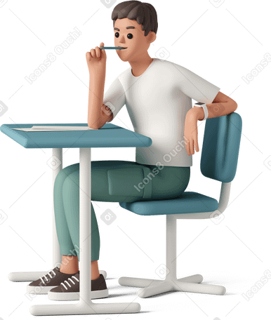 3D side view of young man sitting at the desk with pen and thinking PNG, SVG