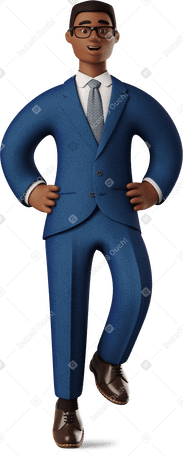 3D sitting black businessman with hands on hips Illustration in PNG, SVG