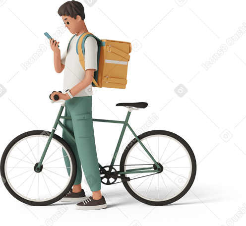 3D side view of delivery man standing with bicycle and looking at the phone Illustration in PNG, SVG