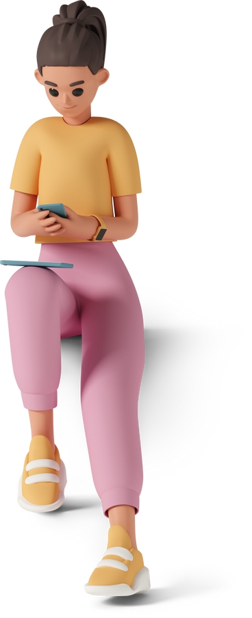 young woman sitting with tablet on leg and phone in hand PNG, SVG