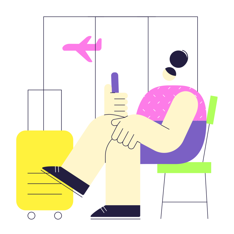 Woman sitting in airport near luggage and waiting for plane Illustration in PNG, SVG