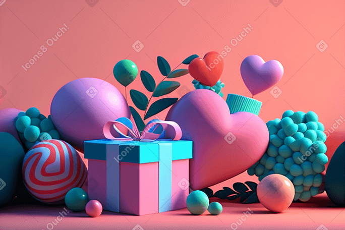3D valentines day background with gift box and hearts PNG, SVG