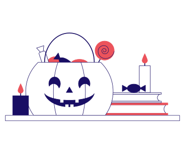 Анимированная иллюстрация Тыквенная корзина со сладостями, свечами и книгами в GIF, Lottie (JSON), AE
