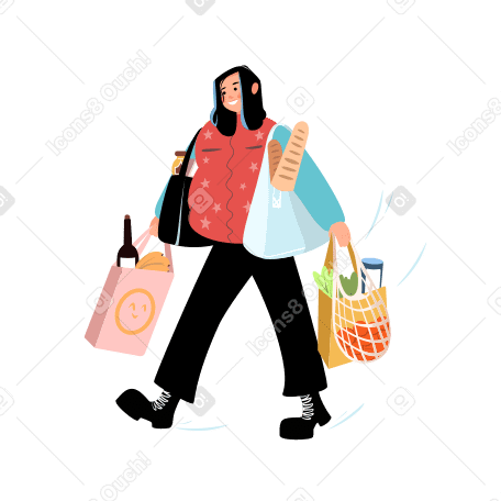 Girl with purchases going from the grocery store Illustration in PNG, SVG