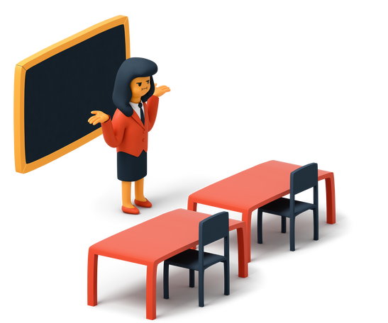 Teacher in empty classroom throwing her hands up Illustration in PNG, SVG