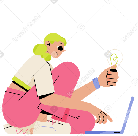 Woman with laptop and bulb Illustration in PNG, SVG
