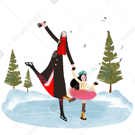 Happy mom and daughter ice skating Illustration in PNG, SVG