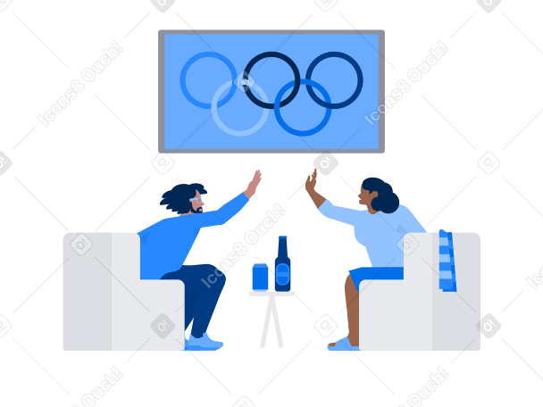Sports fans give each other a high five in front of the TV Illustration in PNG, SVG