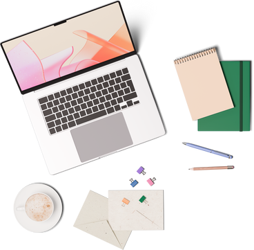 Top view of laptop, cup of coffee, notebooks and letters PNG, SVG