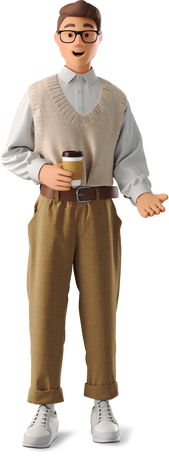 3D young man with coffee standing and speaking PNG, SVG