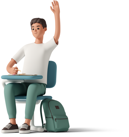 3D male student sitting at green desk and raising his hand Illustration in PNG, SVG