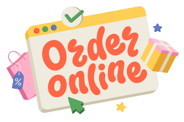 Lettering order online con segno di spunta, borsa della spesa e testo nella casella PNG, SVG