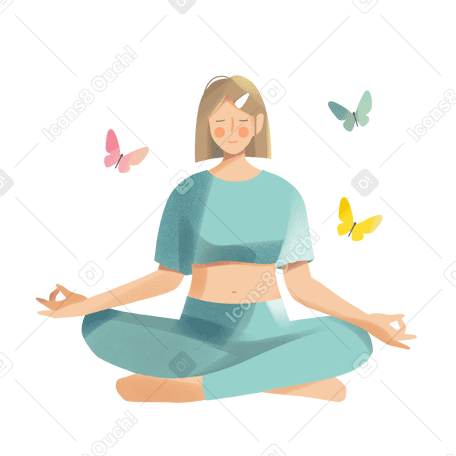Young woman meditating in nature surrounded by butterflies Illustration in PNG, SVG