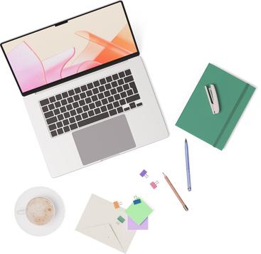 Вид сверху на ноутбук, блокнот, конверт, чашку кофе, степлер, ручку, карандаш и стикеры в PNG, SVG