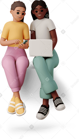 3D girls sitting with laptop Illustration in PNG, SVG