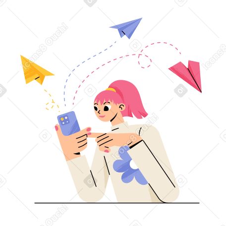 Girl sending messages from her phone animated illustration in GIF, Lottie (JSON), AE