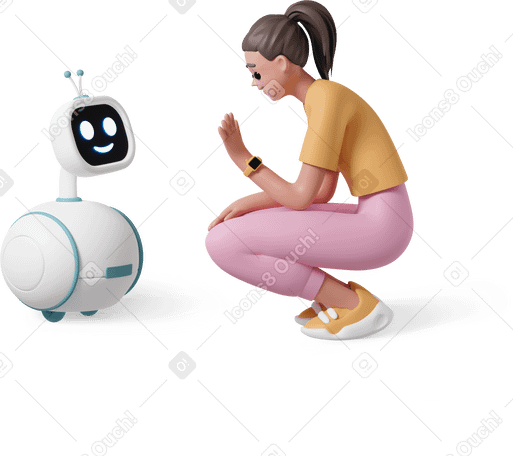 3D side view of young woman sitting and waving at robot Illustration in PNG, SVG