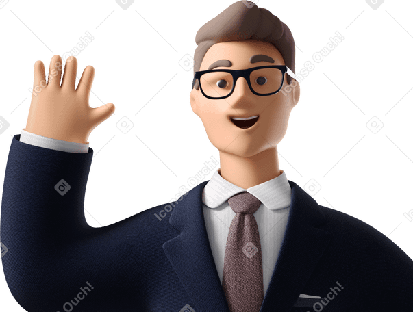 3D close up of businessman in dark blue suit waving hello Illustration in PNG, SVG