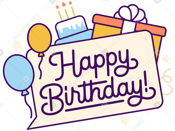 Lettering Happy Birthday! with cake, balloons and gift box text PNG, SVG