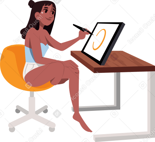 Fille designer-illustratrice travaillant à son bureau sur une tablette PNG, SVG