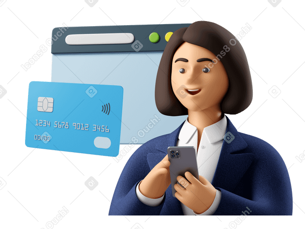 3D Businesswoman making online payment via bank card Illustration in PNG, SVG