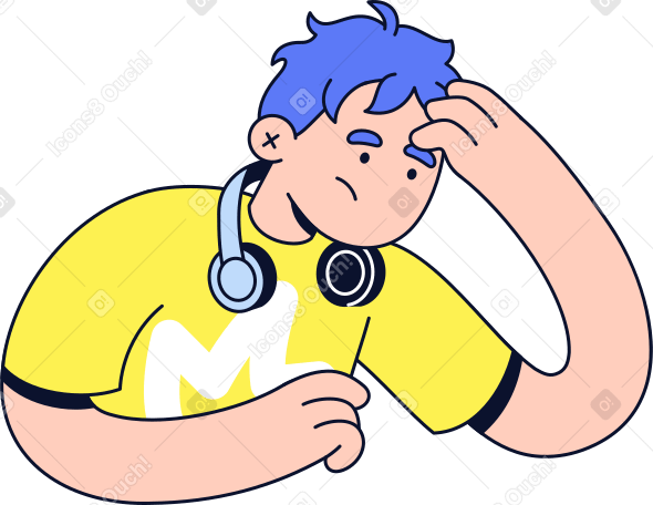 tired man with headphones holding his head PNG, SVG