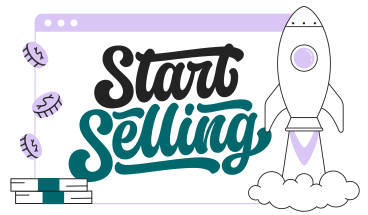 Schriftzug „start selling“ auf dem bildschirm mit geld und rakete PNG, SVG