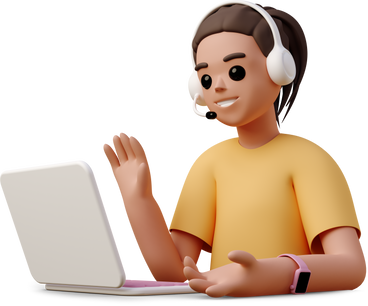 young woman in headphones sitting in front of laptop and waving PNG, SVG