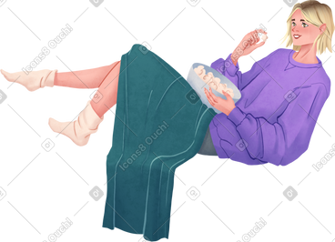 Woman lying with blanket and holding bowl of popcorn PNG, SVG