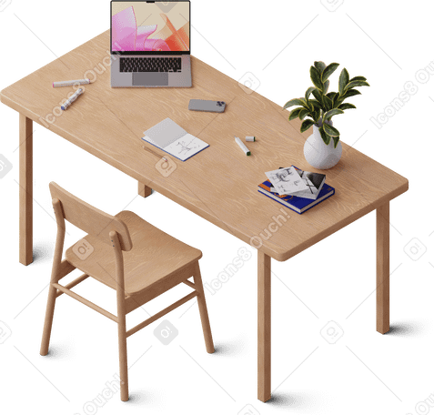 3D Vista isométrica del escritorio con computadora portátil, libros y bocetos de sillas PNG, SVG