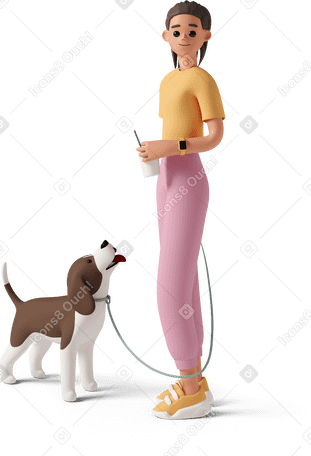 3D young woman walking dog on leash and holding drink Illustration in PNG, SVG