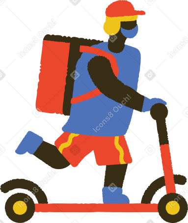 masked food delivery man on kick scooter Illustration in PNG, SVG