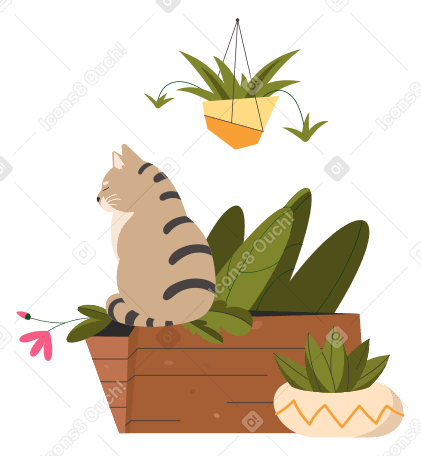 Striped cat sits in a box and crumples plants Illustration in PNG, SVG