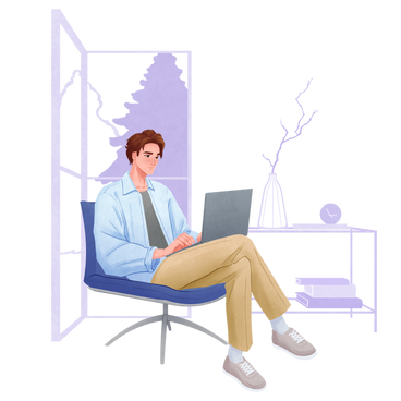 Hombre trabajando con una laptop y sentado en una silla PNG, SVG