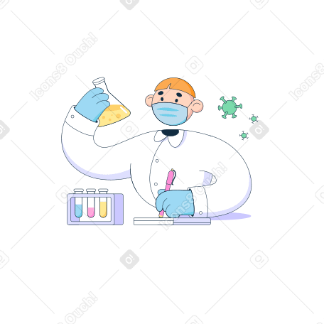Scientist with a flask creates a vaccine and records the results Illustration in PNG, SVG