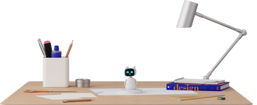 Front view of office desk with papers and robot assistant PNG, SVG