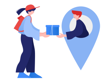 Delivery woman giving box to man in geotag PNG, SVG