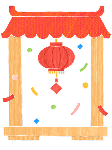 Wooden chinese gazebo decorated with a red christmas lantern and flying confetti PNG, SVG