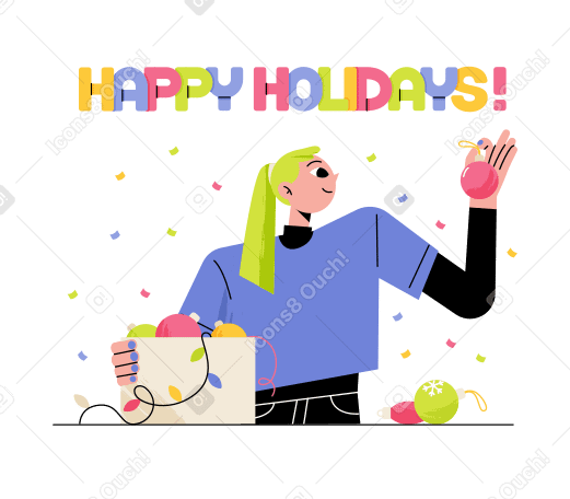 Lettering Happy Holidays! with woman looking at Christmas decorations Illustration in PNG, SVG
