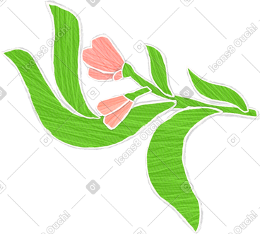 Pink buds on a branch with green leaves PNG, SVG