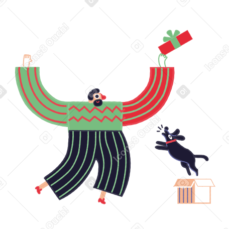 Man with a gift and dog jumping out of box PNG, SVG