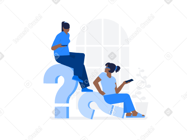 Two women with smartphones sit on question marks Illustration in PNG, SVG