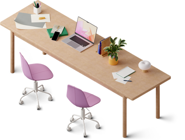 Vista isométrica del escritorio de oficina con sillas, computadora portátil y papeles. PNG, SVG