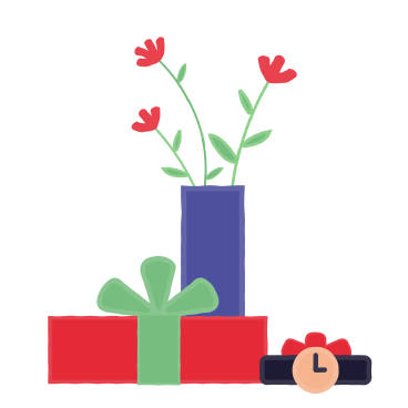 Подарочная коробка, цветы и наручные часы в PNG, SVG