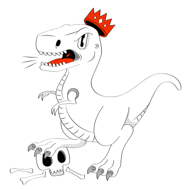 Динозавр в короне достижений наступает на череп и ревёт в PNG, SVG