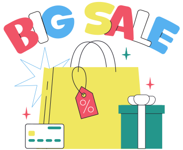 Schriftzug „big sale“ mit tüten-, karten- und geschenkboxtext PNG, SVG
